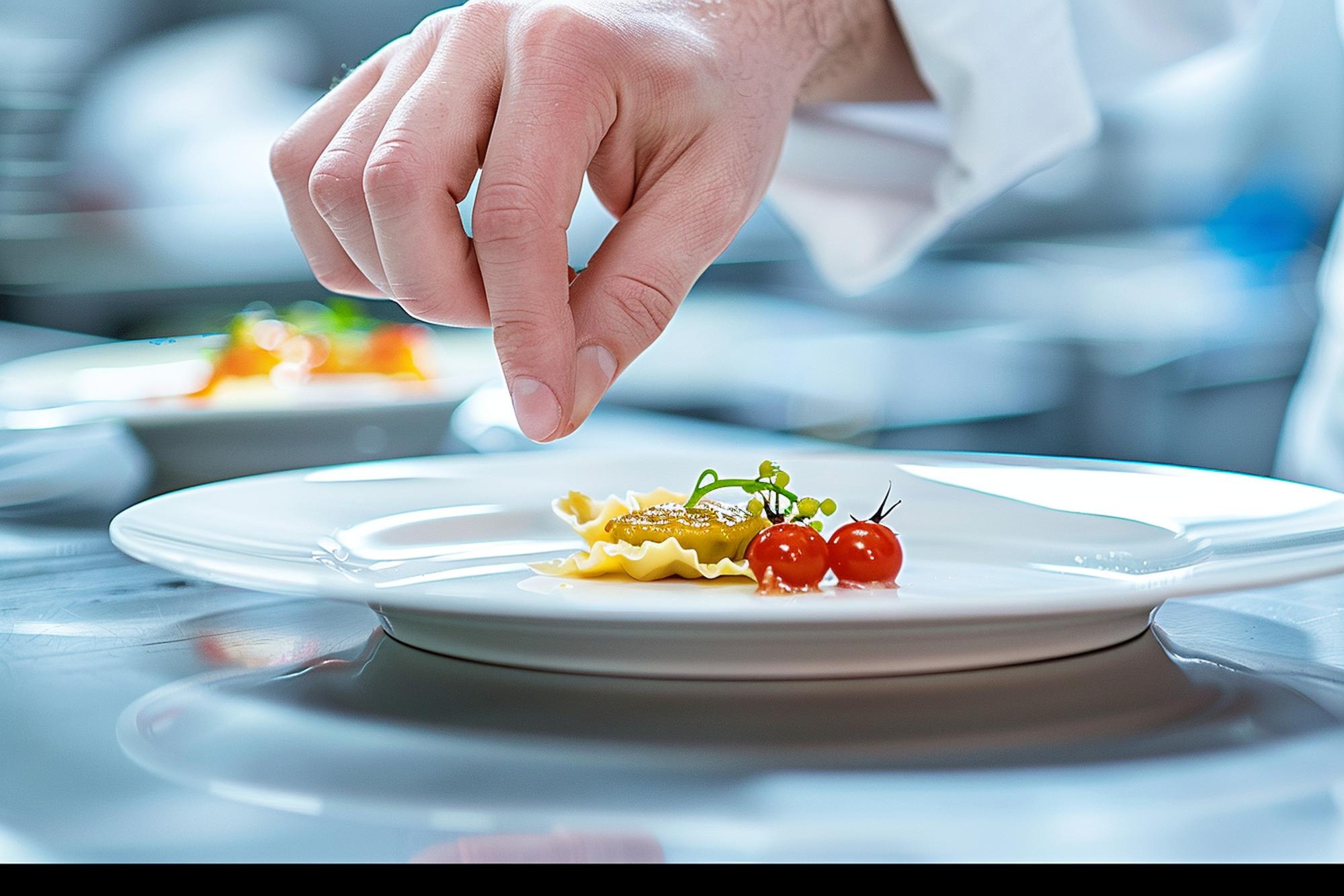 Instructor adjusting lighting over plated dish in a modern kitchen