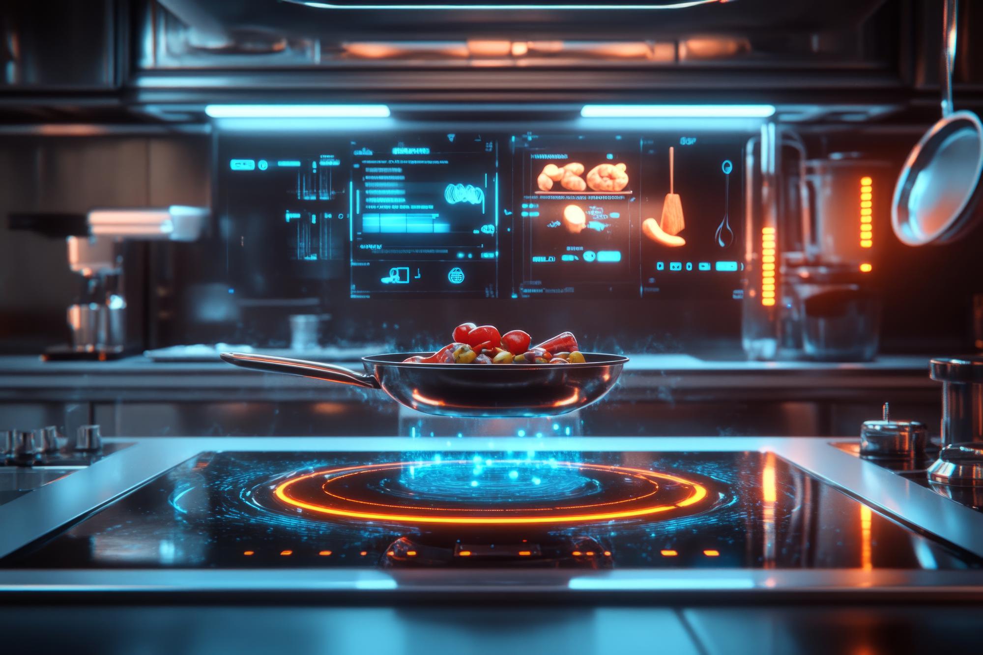A futuristic kitchen setup with a chef at a smart stove
